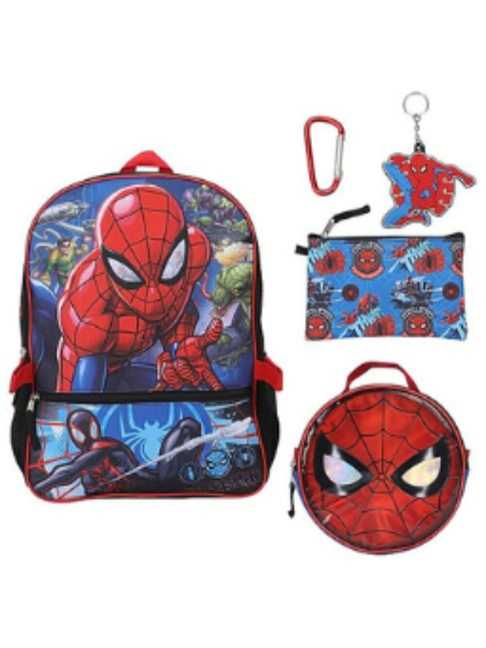 Marvel Spider-Man 5 Piece Backpack Set Lunch Bag Pouch Carabiner Keychain Kids